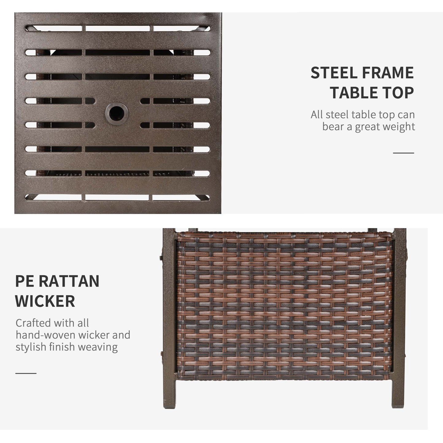 21.75" Outdoor Rattan Wicker Patio Coffee Table with Umbrella Hole, Patio Side Table with Slatted Metal Top, Brown