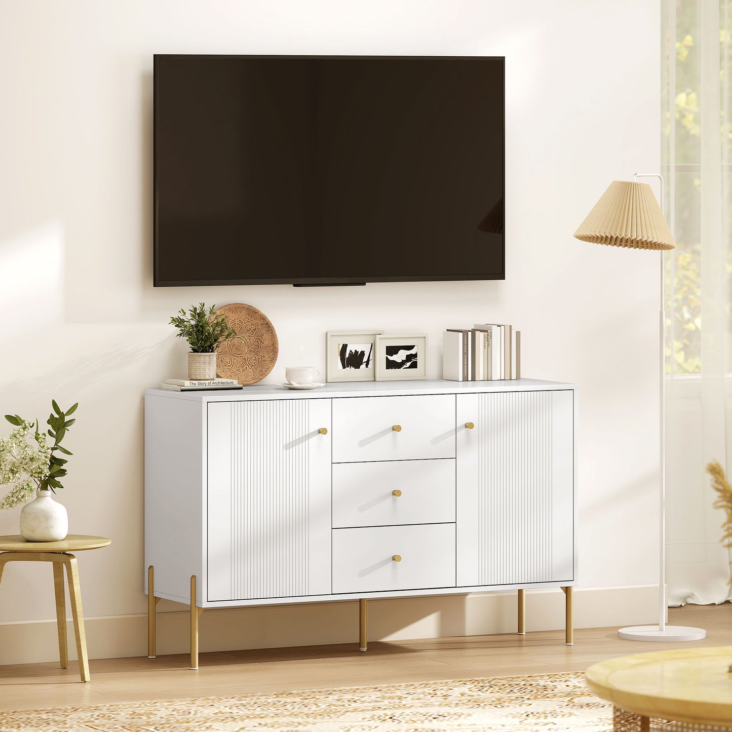 Buffet Cabinet, Modern Sideboard with 3 Soft-Close Drawers and 2 Adjustable Shelves for Living Room, Kitchen, White