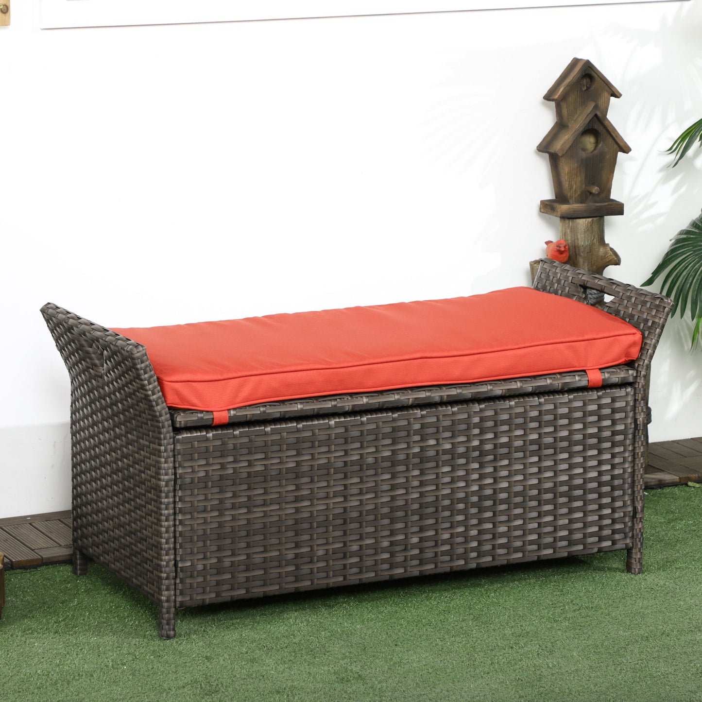 2-In-1 Outdoor PE Rattan Storage Bench, 29 Gallon Patio Wicker Furniture, Basket Box with Handles and Cushion Red