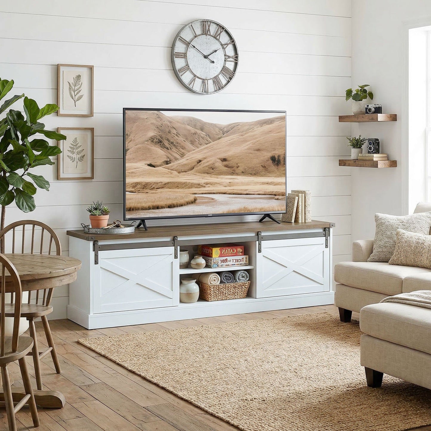 65" TV Stand with Sliding Barn Doors - White