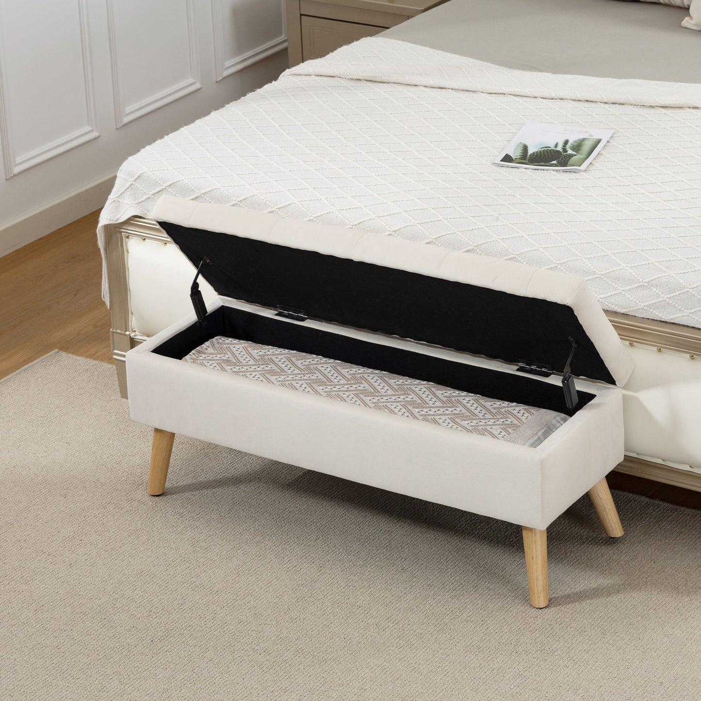 Storage Ottoman with Lid, Velvet Upholstered Storage Bench with Wood Legs for Living Room, Cream White
