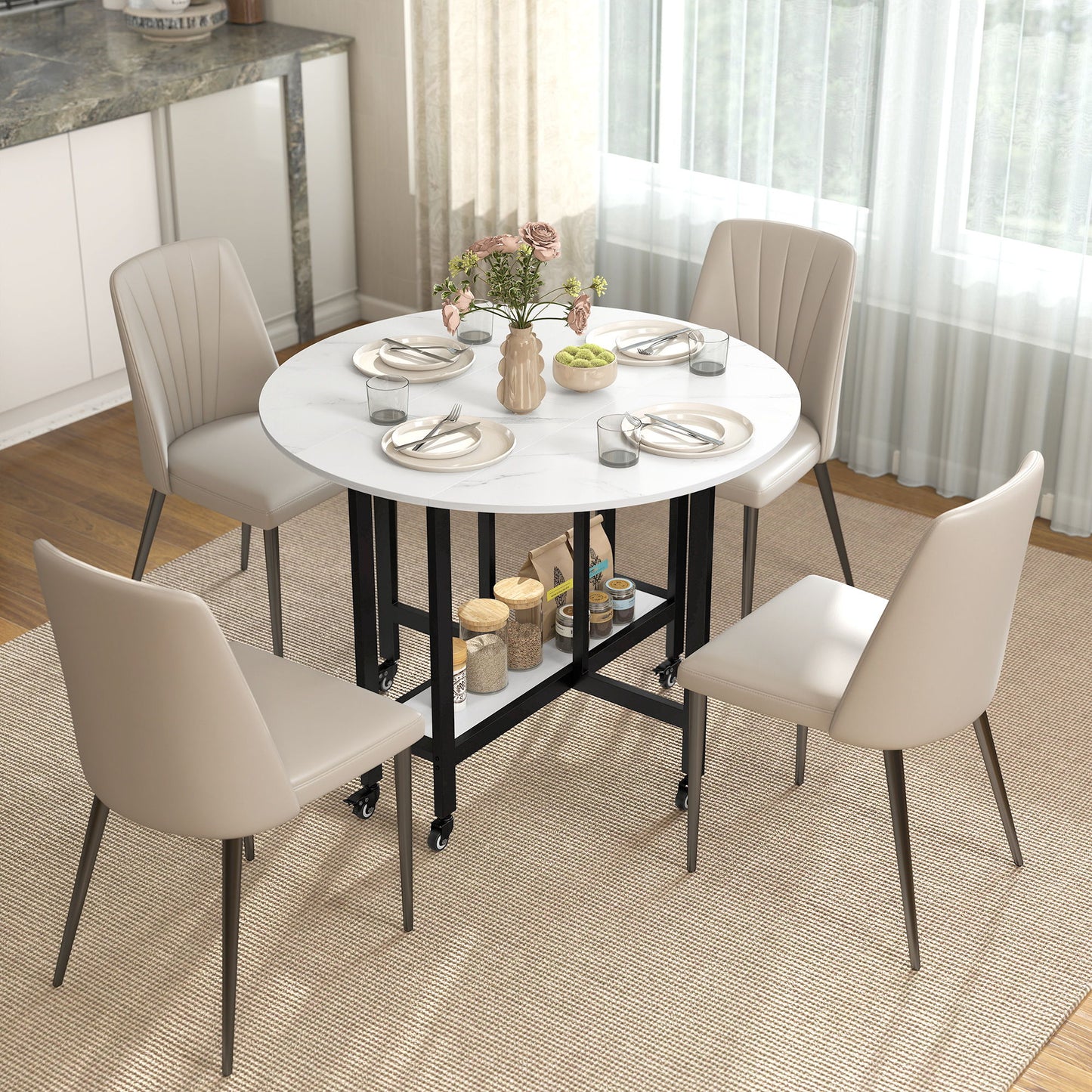 Folding Dining Table, Drop Leaf Table with Open Shelf, Rolling Kitchen Table for Dining Room, Small Spaces, White Marble