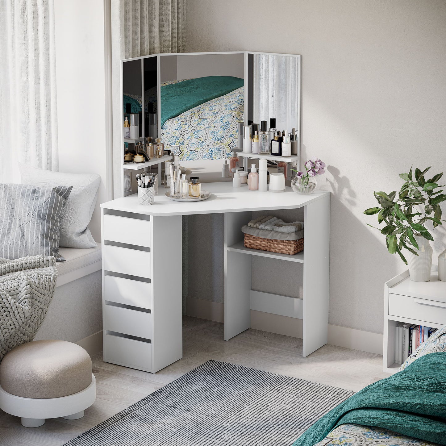 Corner Dressing Table, Makeup Desk with 3-piece Mirror and 5 Drawers, White