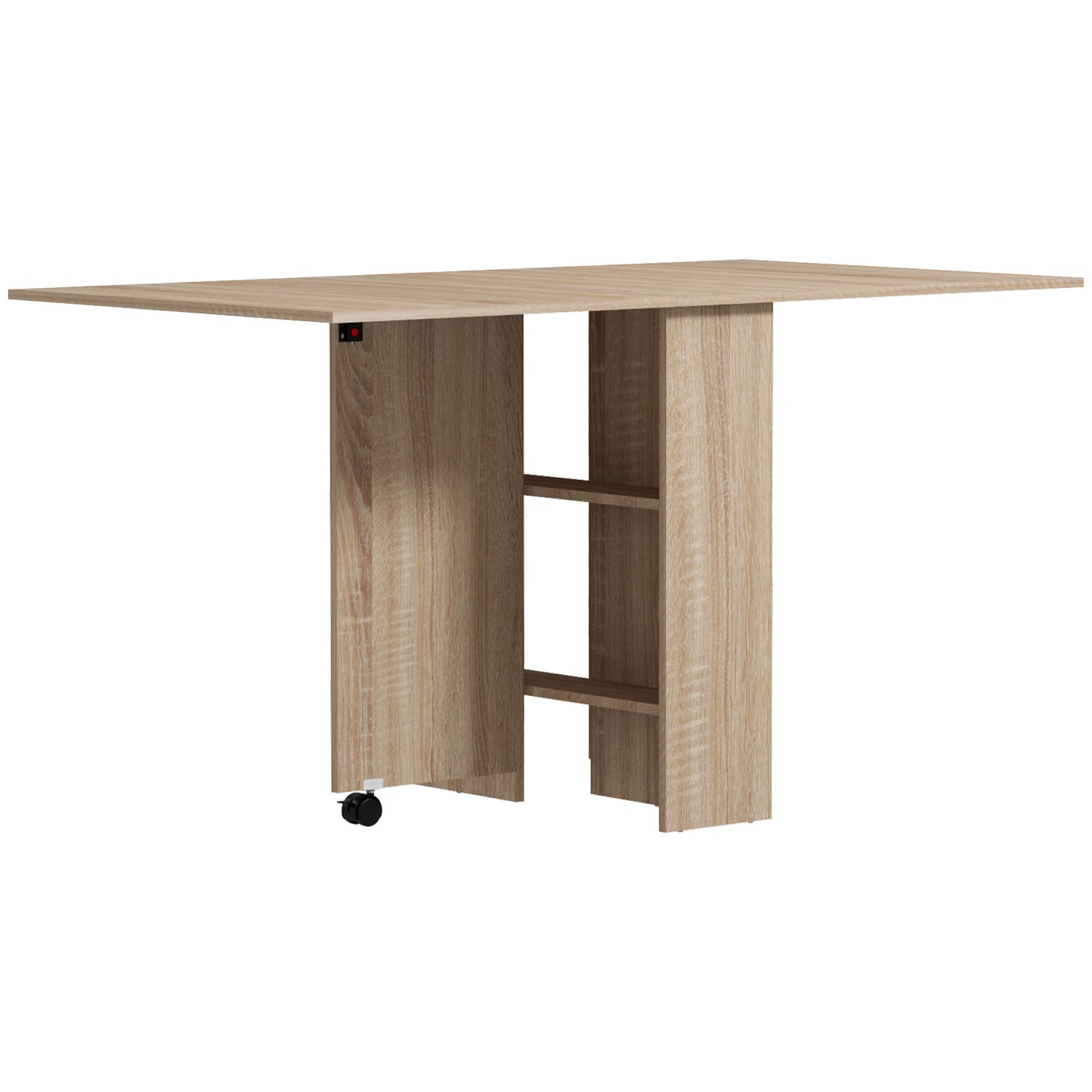 Extendable Dining Table, Collapsible Folding Table w/ 2-tier Shelves and Rolling Casters, Nature Wood
