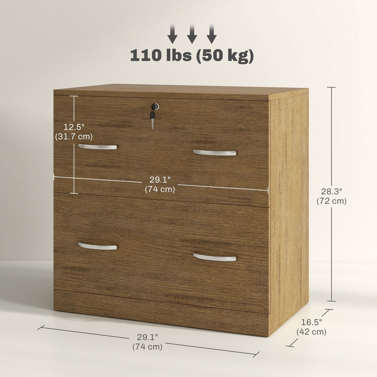 2 Drawer File Cabinet with Lock, Office Filing Cabinet, Hanging Bar for Letter Size, Home Office, Light Brown