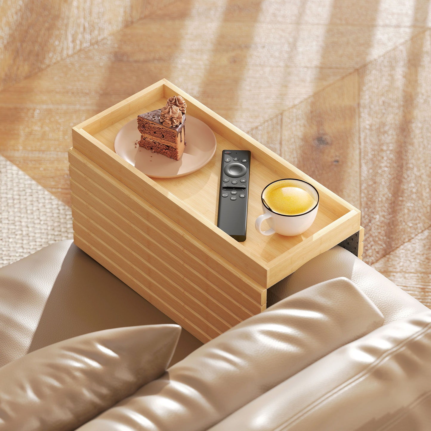 Bamboo Couch Arm Tray, Sofa Armrest Tray with Flexible Roll-up Design and Wide Compartment, Natural