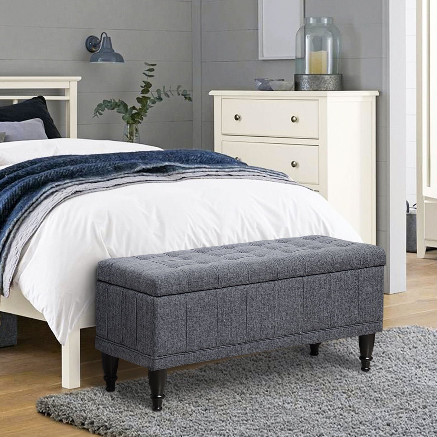 Storage Ottoman, Linen Fabric End of Bed Bench with Soft Close Lid, Button Tufted Storage Bench for Living Room, Entryway or Bedroom, 42" x 17" x 19", Grey