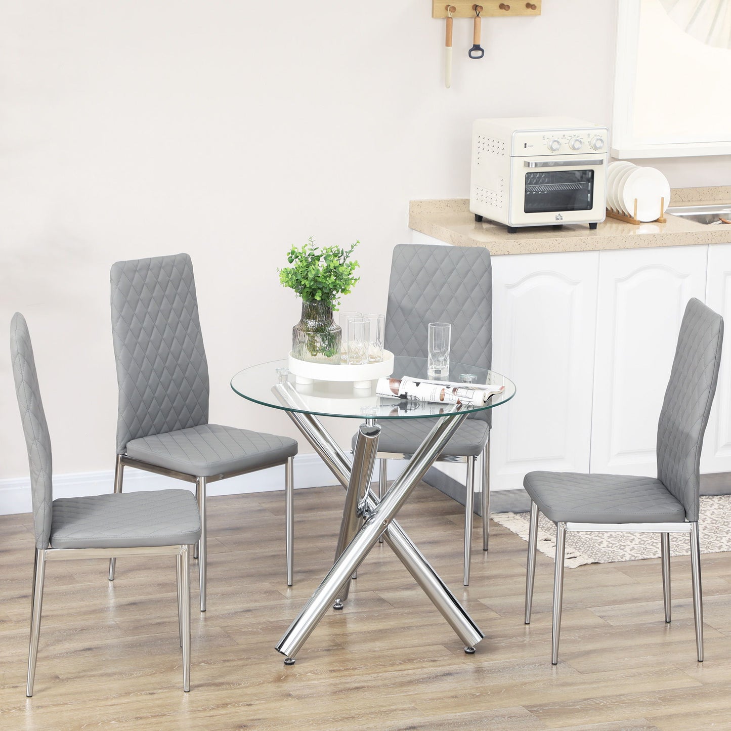 Kitchen Chairs Set of 4, Dining Chairs w/ Faux Leather Upholstery and Steel Legs for Living Room, Dining Room, Grey