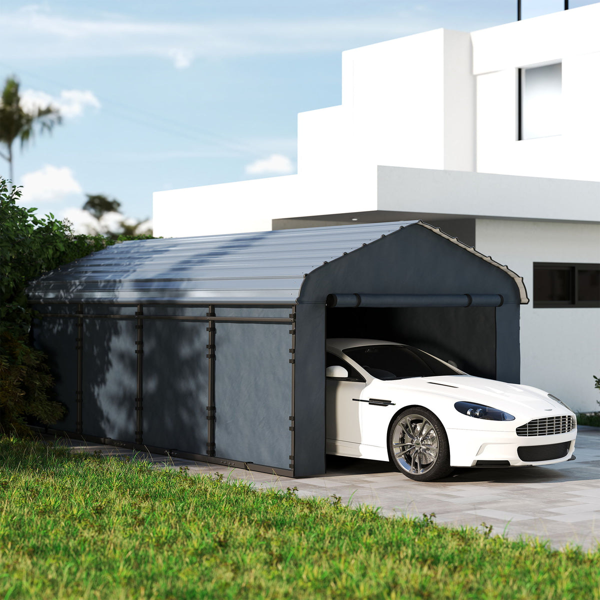 12' x 20' Metal Carport, Heavy Duty Garage Car Shelter with Galvanized Metal Roof and Removable Sidewalls, Dark Grey