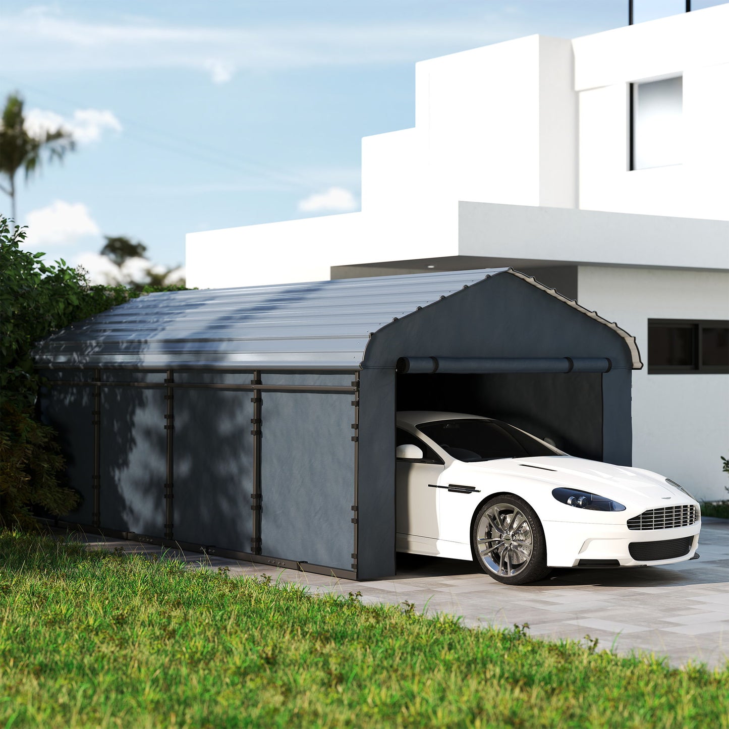 12' x 20' Metal Carport, Heavy Duty Garage Car Shelter with Galvanized Metal Roof and Removable Sidewalls, Dark Grey