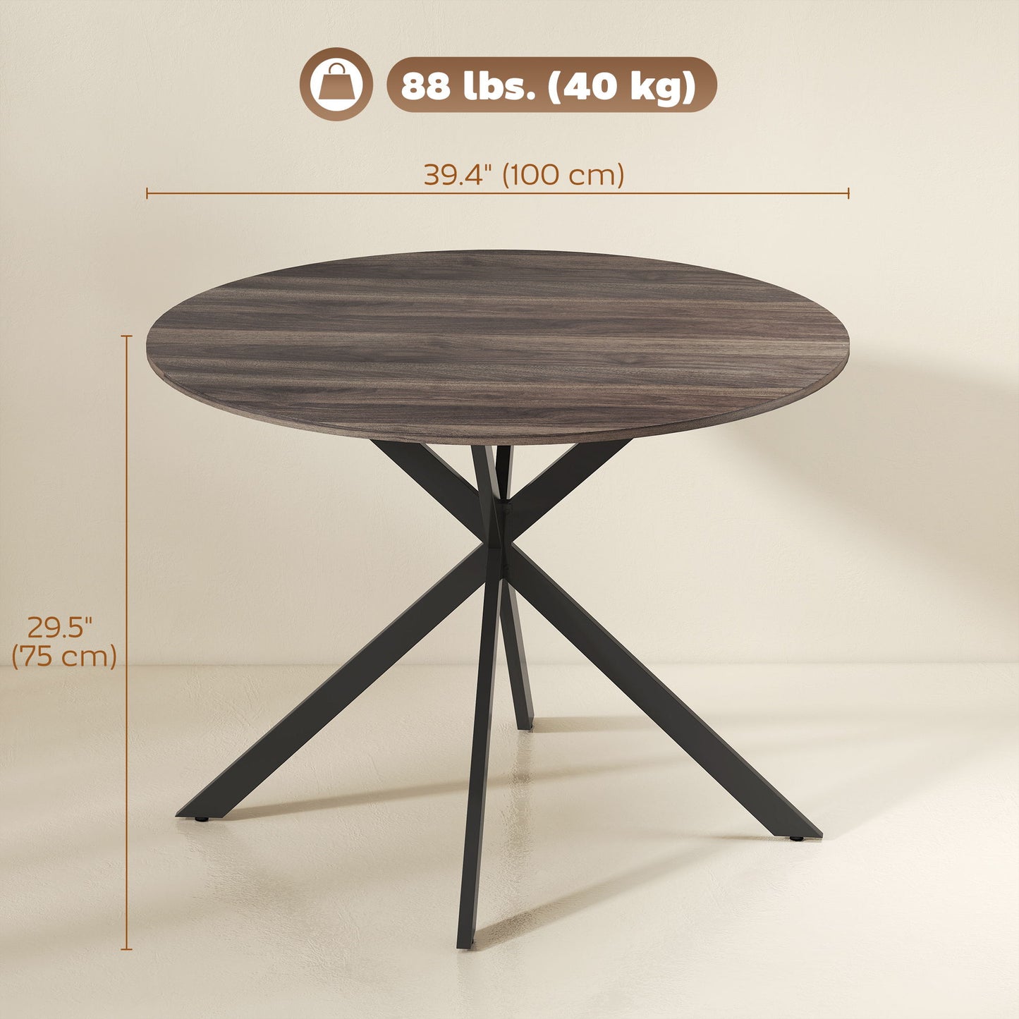 40" Round Kitchen Table for 4, Industrial Dining Table with Steel Legs for Dining Room, Distressed Brown