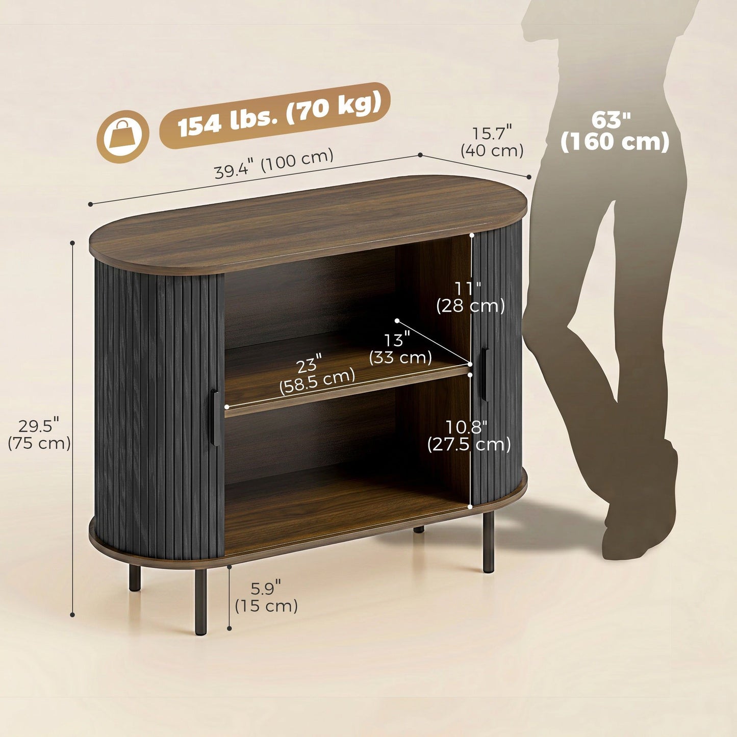 Sideboard Buffet Cabinet with Curved Tambour Doors - Brown Wood Grain