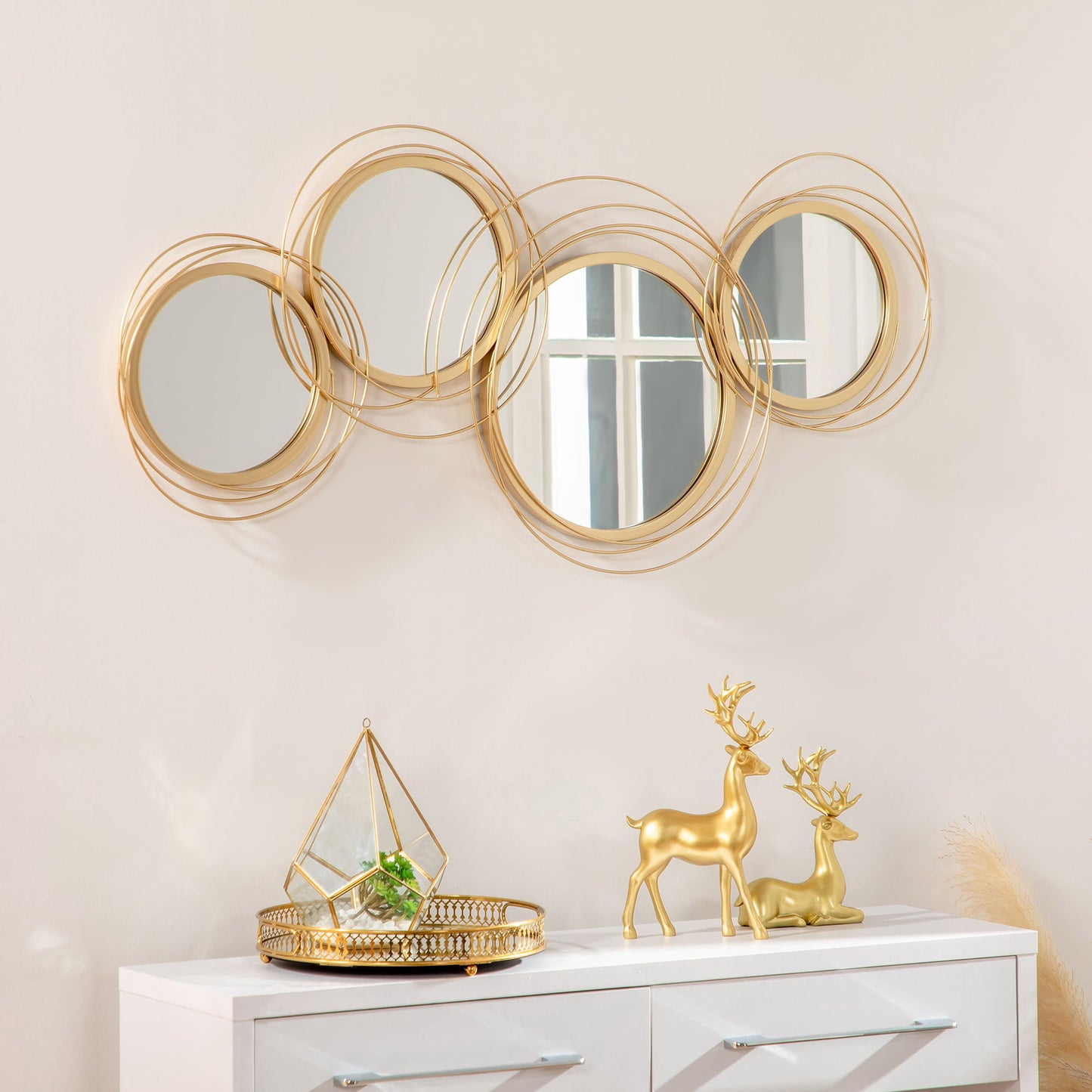 Metal Wall Art Gold Frame Circle Bathroom Mirror Decor Home Hanging Wall Sculptures for Living Room Bedroom Dining Room, 42.25" W x 22" H, Gold