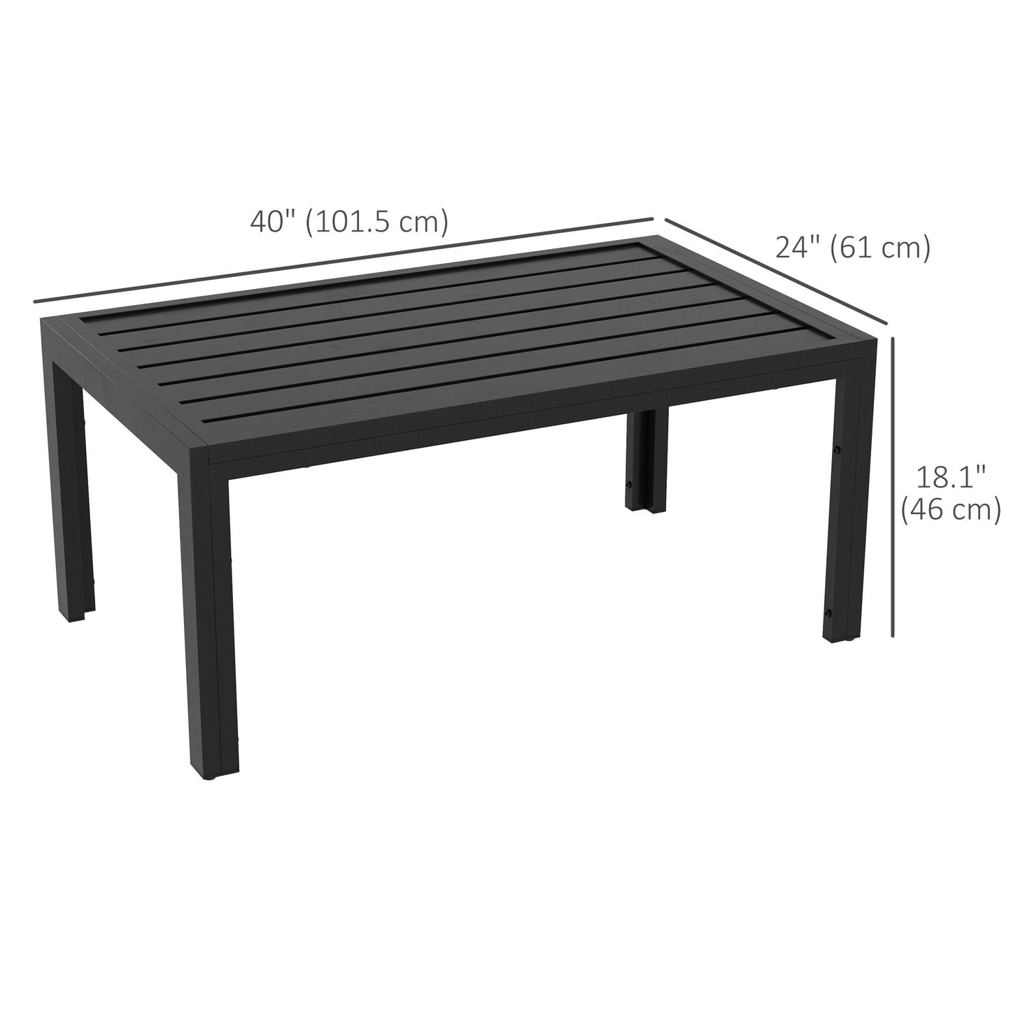 Outdoor Coffee Table, Rectangular Patio Table with Steel Frame and Slat Tabletop for Garden, Balcony, Black