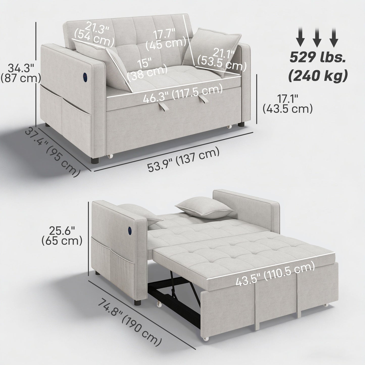 3‑in‑1 Convertible Sofa Bed, Pull Out Sleeper Sofa with USB Charging, Adjustable Backrest, Side Pockets, Beige