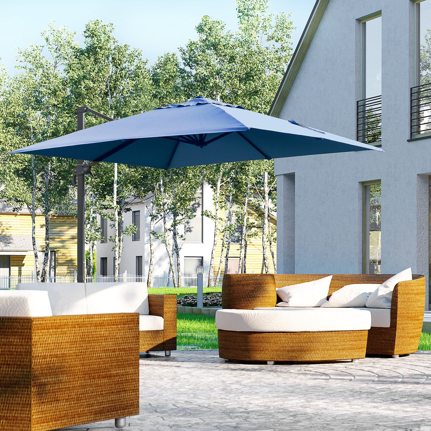 10x10ft Cantilever Umbrella Rotatable Square Top Market Parasol with 4 Adjustable Angle for Backyard Patio Outdoor Area, Blue