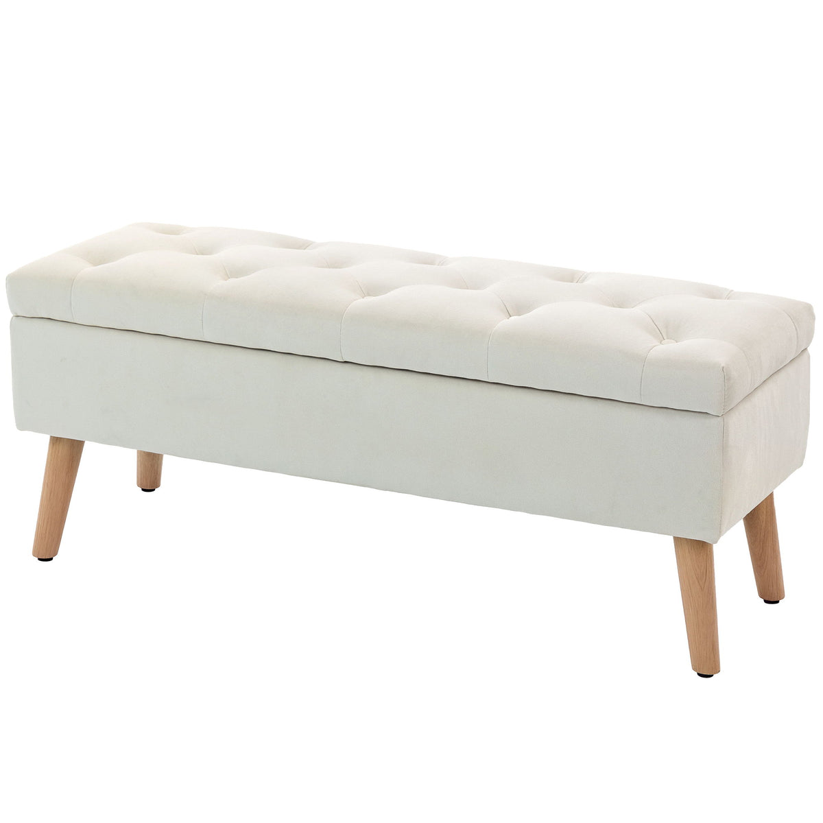 Storage Ottoman with Lid, Velvet Upholstered Storage Bench with Wood Legs for Living Room, Cream White