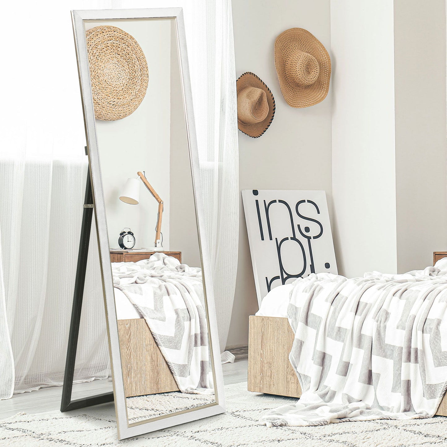 Floor Standing Mirror, Full Body Mirror, Free Standing, Leaning or Wall Mirror with Frame for Bedroom, White