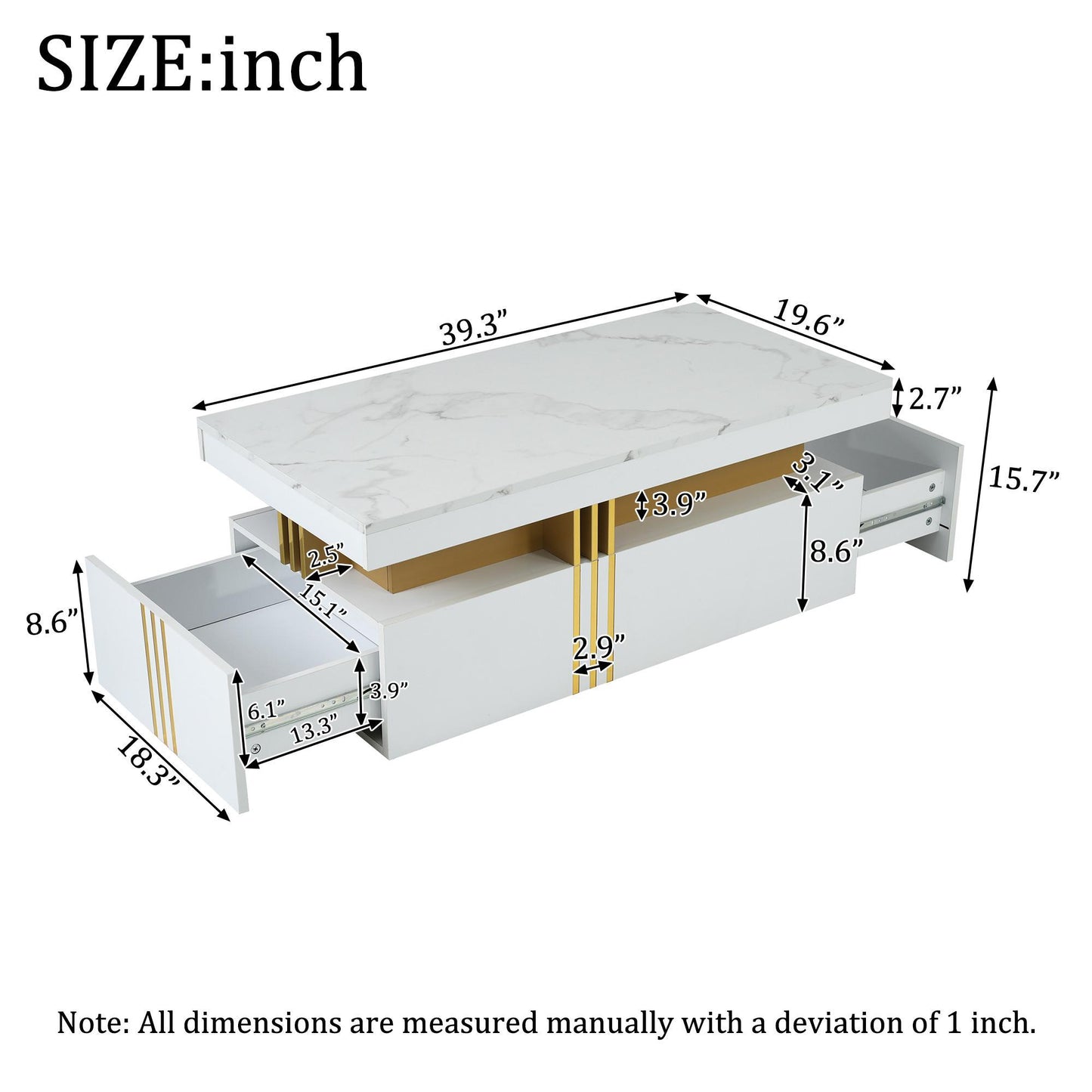 Minimalist Coffee Table with 2 Drawers and High-Gloss Finish, Multi-Use Side Table for Living Spaces, 39.5'' L x 19.5'' W x 15.5'' H, White
