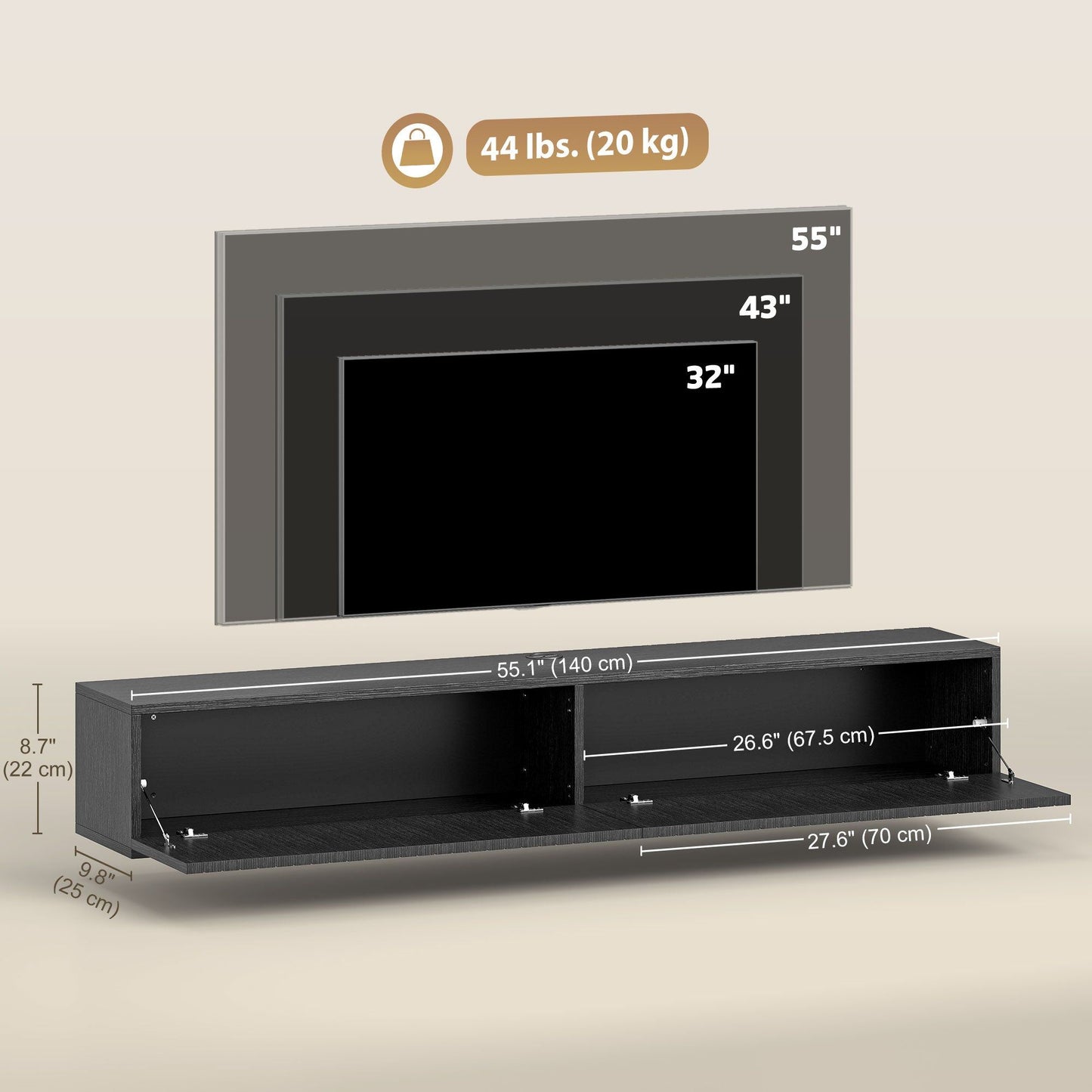 55" Floating TV Stand with Flip-Down Doors - Black
