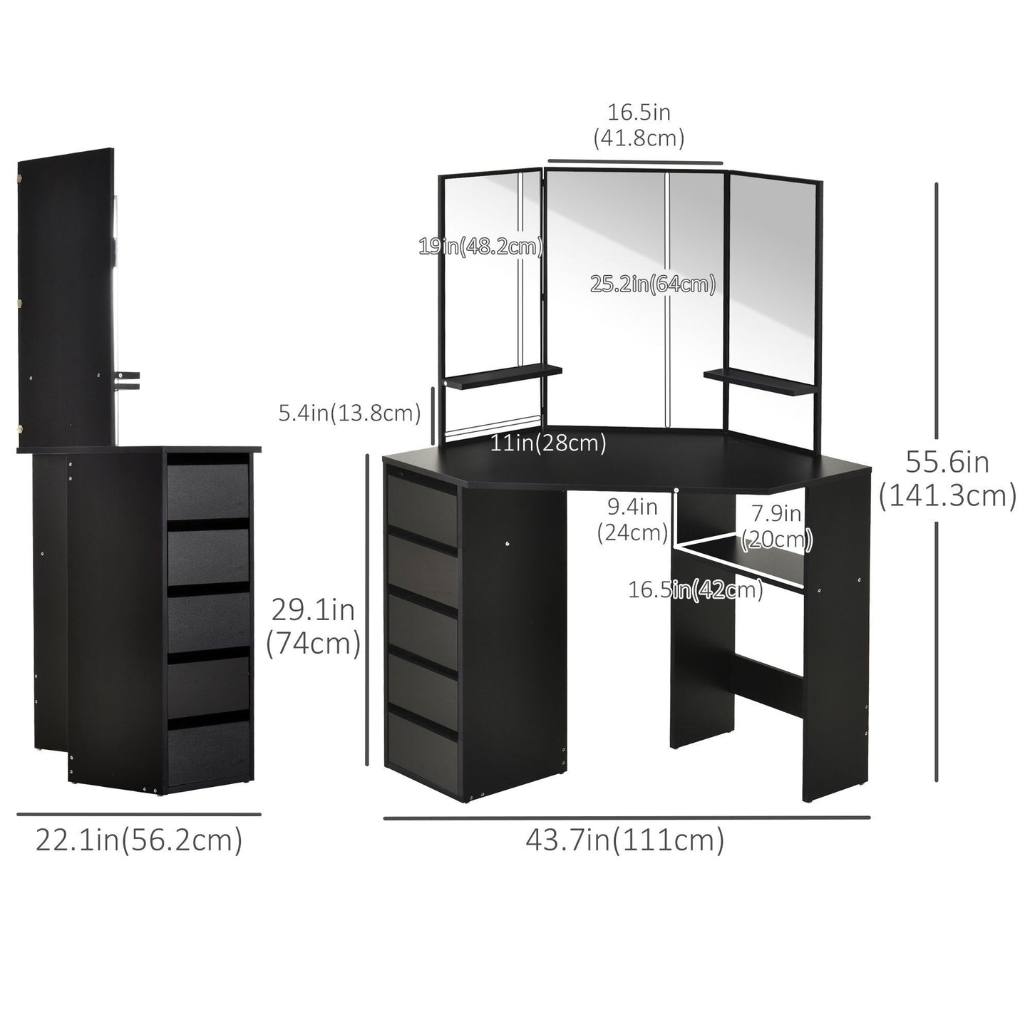 Corner Vanity Desk with Mirror and 5 Drawers - Black