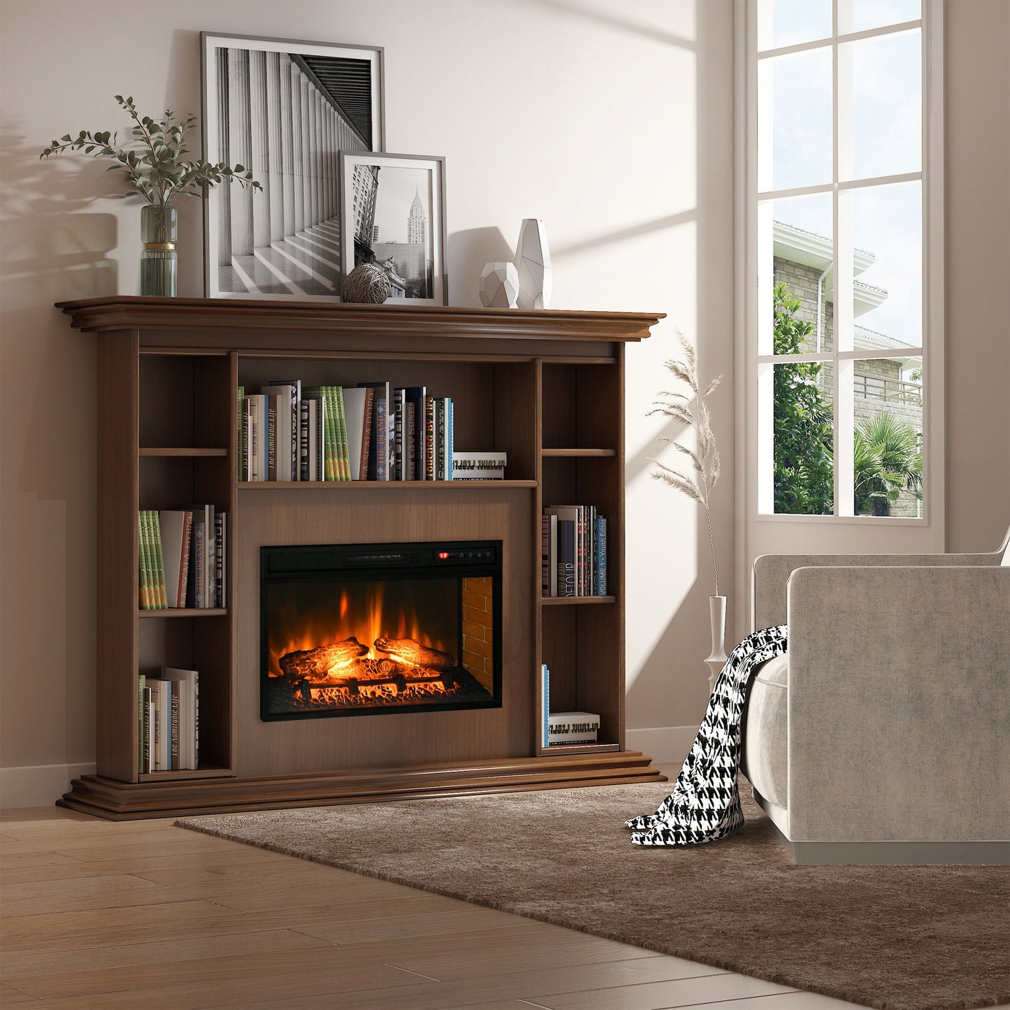 27" Electric Fireplace Insert, Retro Recessed Fireplace Heater with Realistic Log Flame, Remote Control, Adjustable Brightness, 1400W, Black