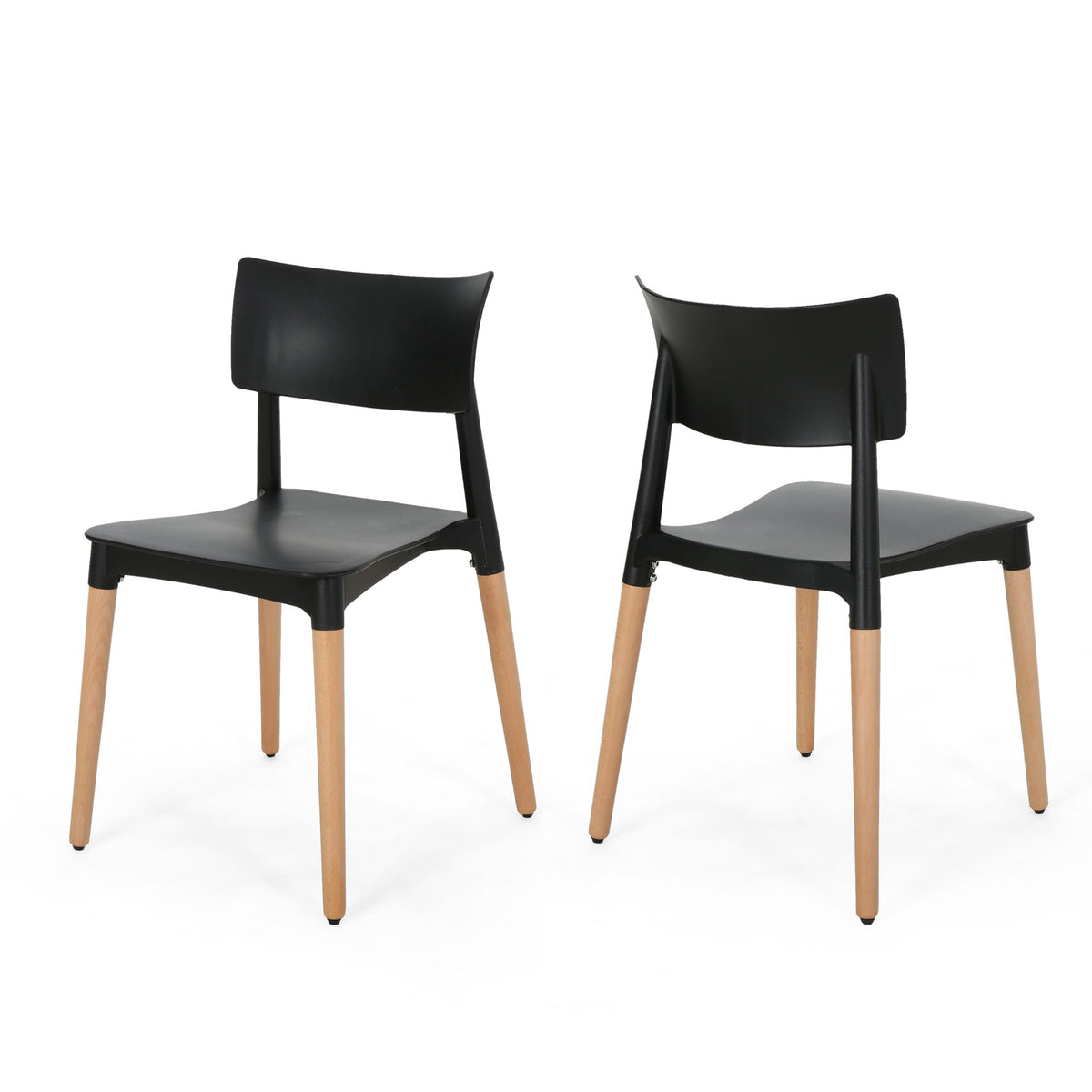 Set of 2 Durable Plastic Dining Chair with Beech Wood Legs, 19.5" L x 19" W x 31.5" H, Black