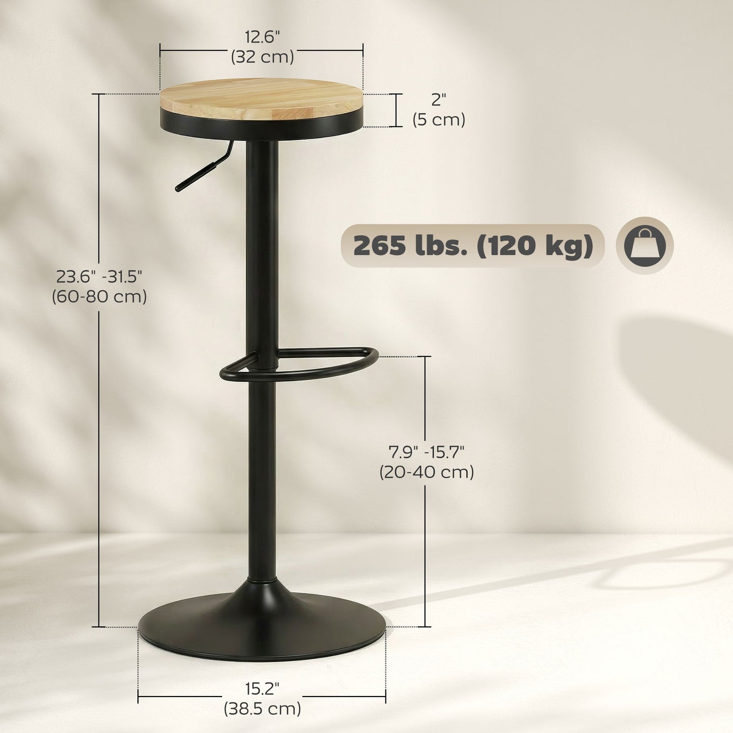 Wood Barstools Set of 2, Swivel Bar Stools with Adjustable Height for Kitchen Counter, Natural Wood and Black