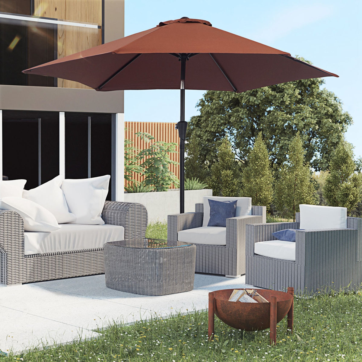 8.5FT Patio Umbrella, Round Garden Parasol with 6 Ribs, Market Sunshade Tilt Canopy w/ Crank Handle for Outdoor, Coffee