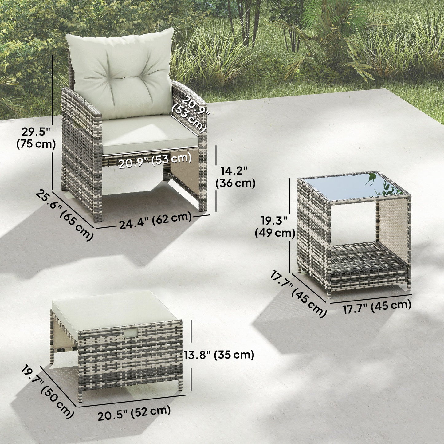 5 Piece Patio Furniture Set, Wicker Patio Chairs with Ottomans, 2-Tier Glass Coffee Table and Cushions, Grey/Cream White