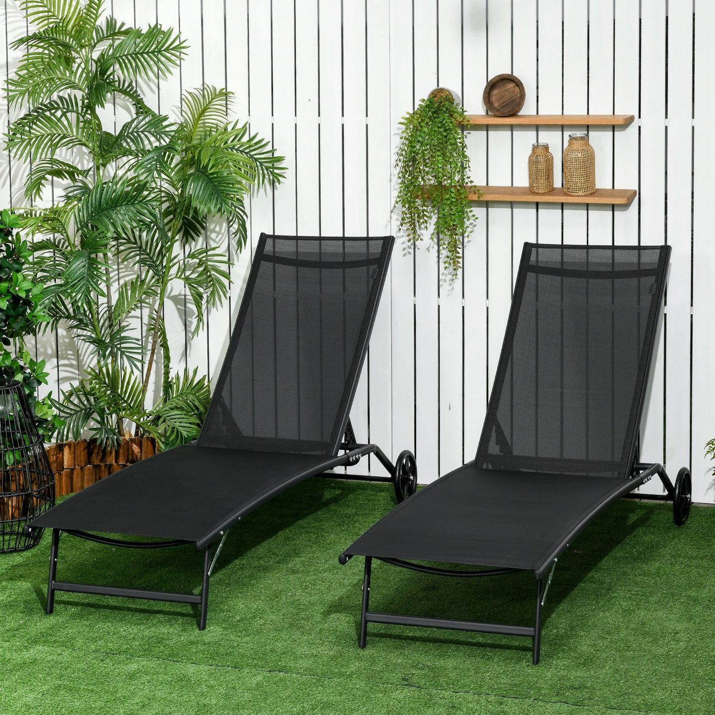 2PCs Lounge Chairs with Wheels, 5-Level Adjustable Backrest for Garden, Backyard, Patio, Deck, Poolside, White
