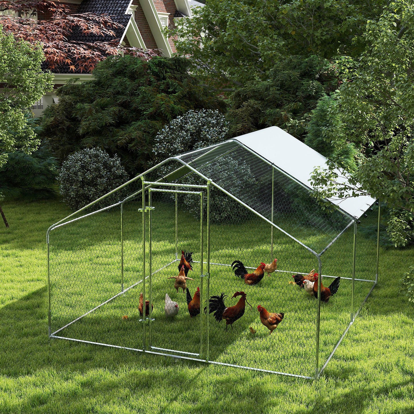Metal Chicken Coop, 9.8 x 11.2 FT Walk-in Chicken Run with Cover, Lockable Door, Outdoor Poultry Cage for 10-15 Chickens