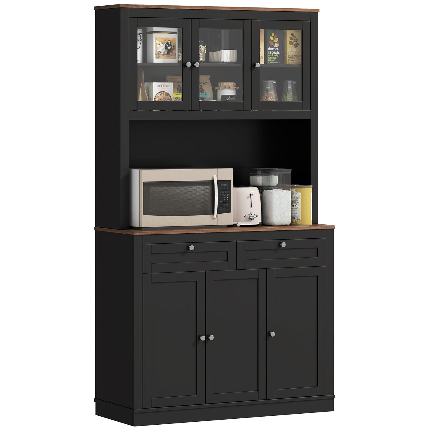 71" Pantry Cabinet with Hutch & Glass Doors - Black