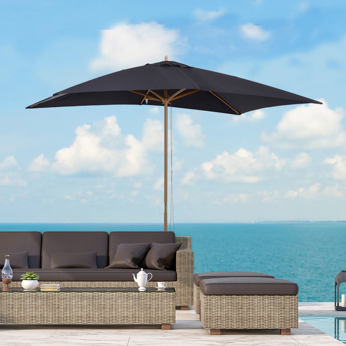 7' x 10' Wooden Patio Umbrella Rectangle Garden Parasol Outdoor Sunshade Canopy with Bamboo Ribs for Garden Black