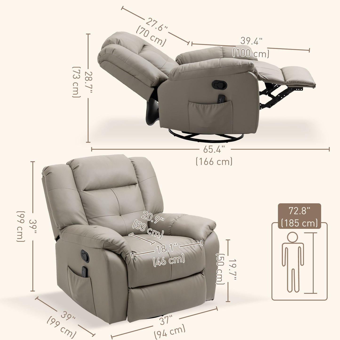 8-Point Vibration Massage Recliner Chair for Living Room, PU Leather 360° Swivel Manual Reclining Sofa Rocking Chair with Remote Control, Side Pockets, Grey