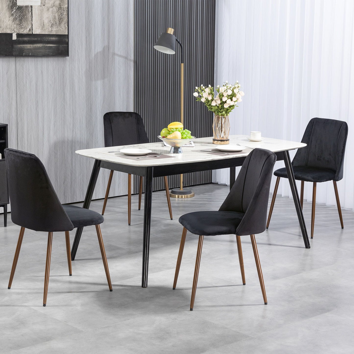 Upholstered Dining Chairs Set of 4, Velvet Accent Chair with Back and Wood-grain Steel Leg for Kitchen, Black