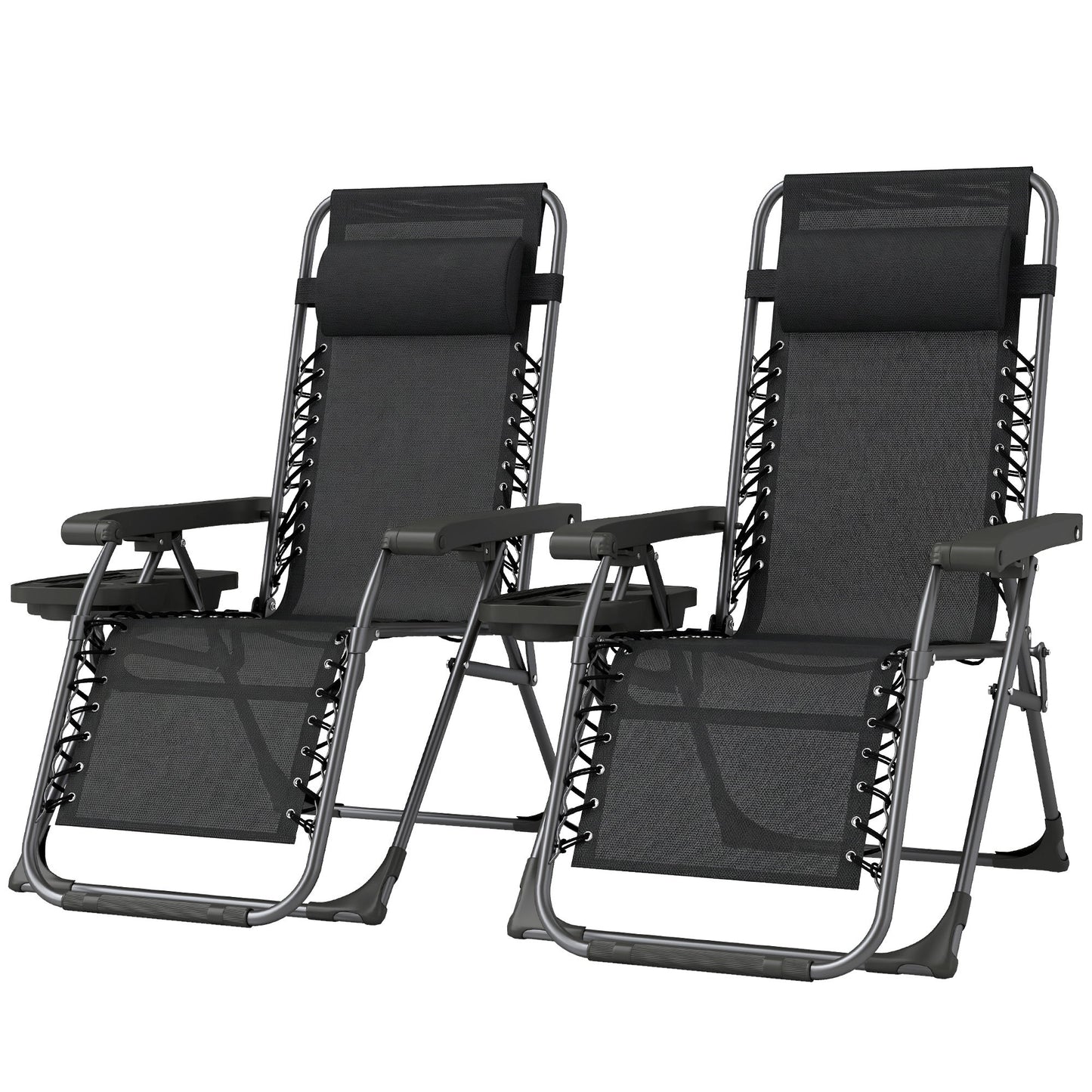 Zero Gravity Chair Set of 2, Folding Reclining Outdoor Lounge Chair with Cup Holder, Headrest, Black