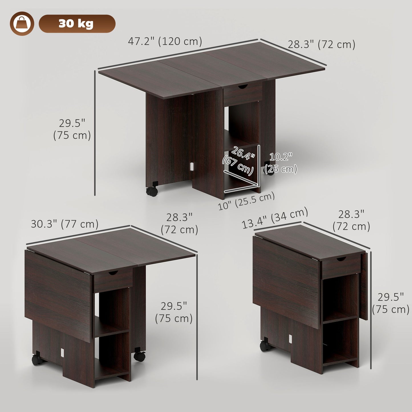 Folding Dining Table, Space Saving Drop Leaf Table with Drawer and Storage Shelves for Kitchen, Dining Room, Dark Brown