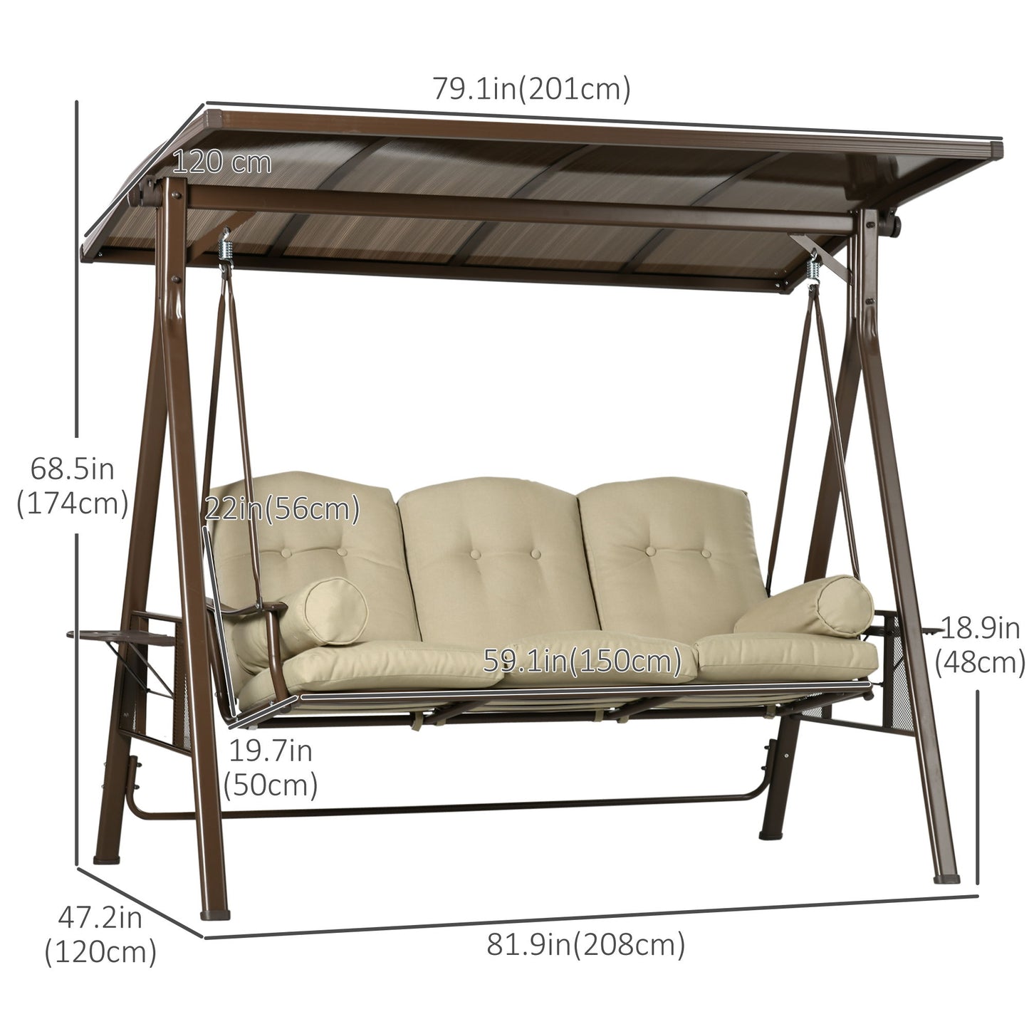 3-Seat Patio Swing Chair, Outdoor Canopy Swing Glider with Cushion, Pillows and Adjustable Polycarbonate Canopy for Porch, Garden, Poolside, Backyard, Khaki