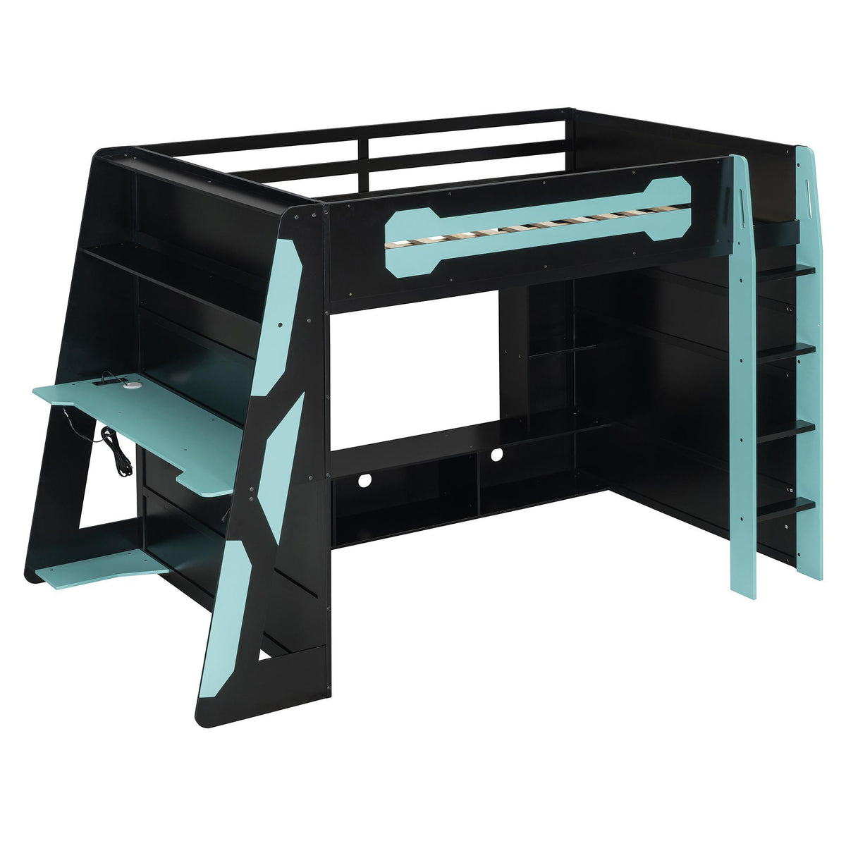 Full Size Wood Loft Bed with Integrated Desk and RGB Lighting, Esports-Style Bed with Multi-Tier Shelves, 93.5'' L x 55.5'' W x 65'' H, Blue