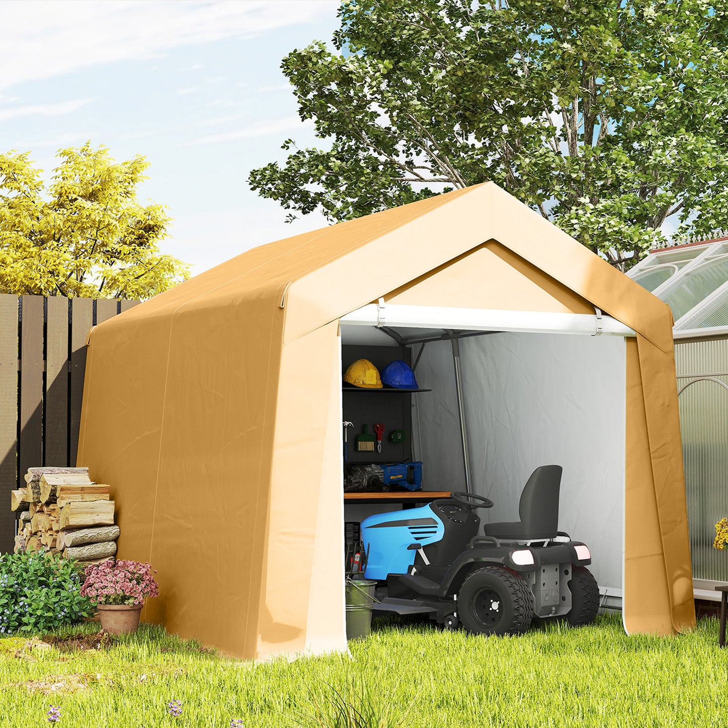 Outdoor Storage Shed Portable Garage with Roll-up Door for Motorcycle, Bike, Garden Tools, Beige
