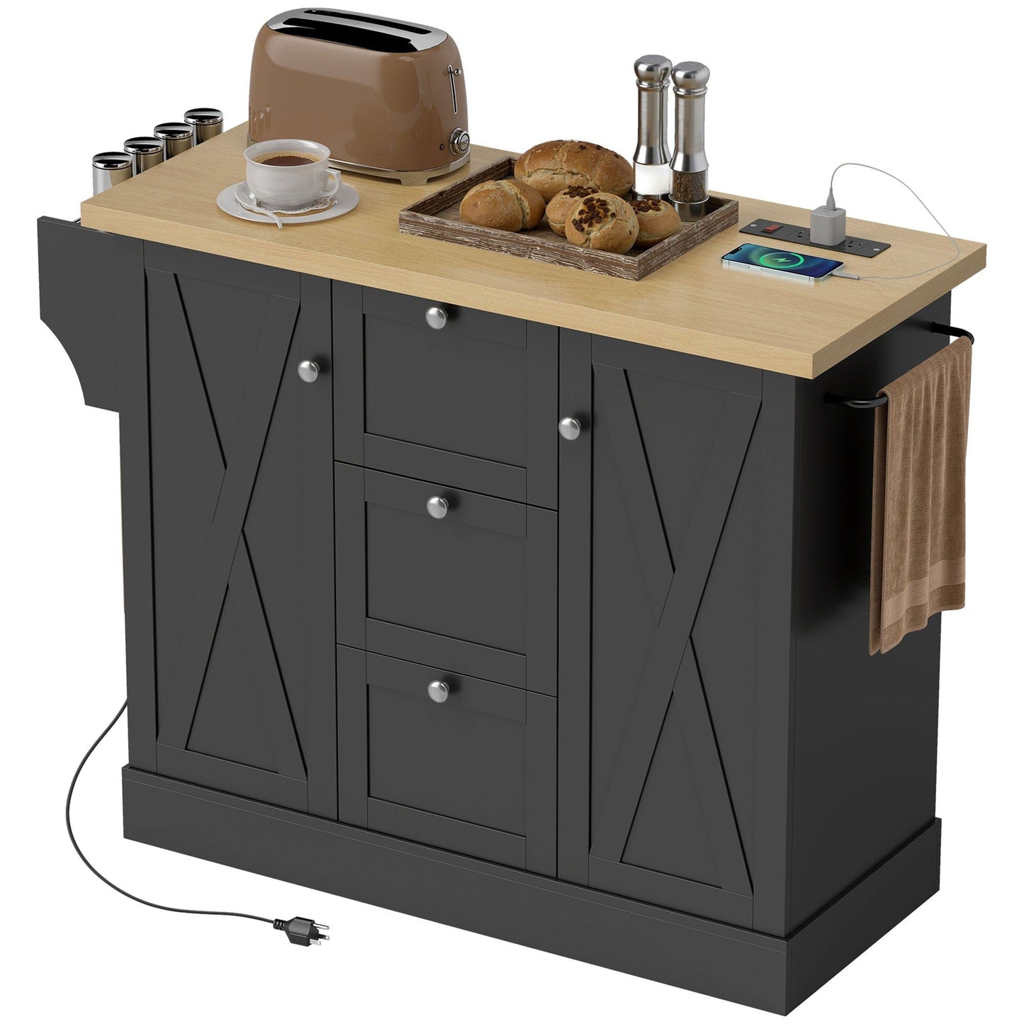 49" Kitchen Island Cart with Power Outlet - Black