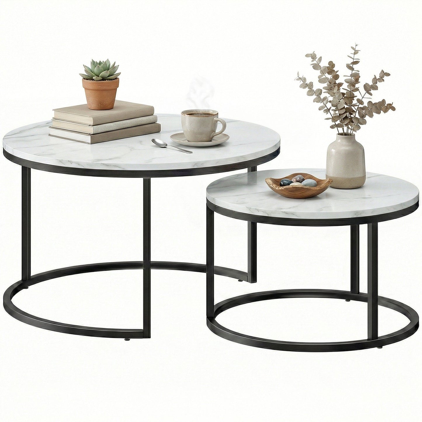 Nesting Coffee Table Set of 2 with Metal Base - Marble White