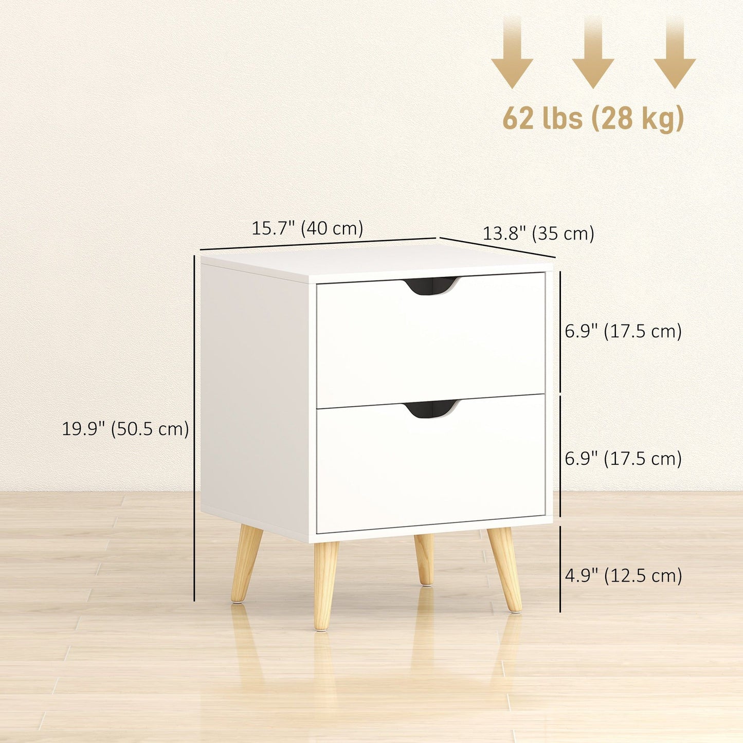 Nightstand Set of 2 with 2 Drawers and Pine Legs - White
