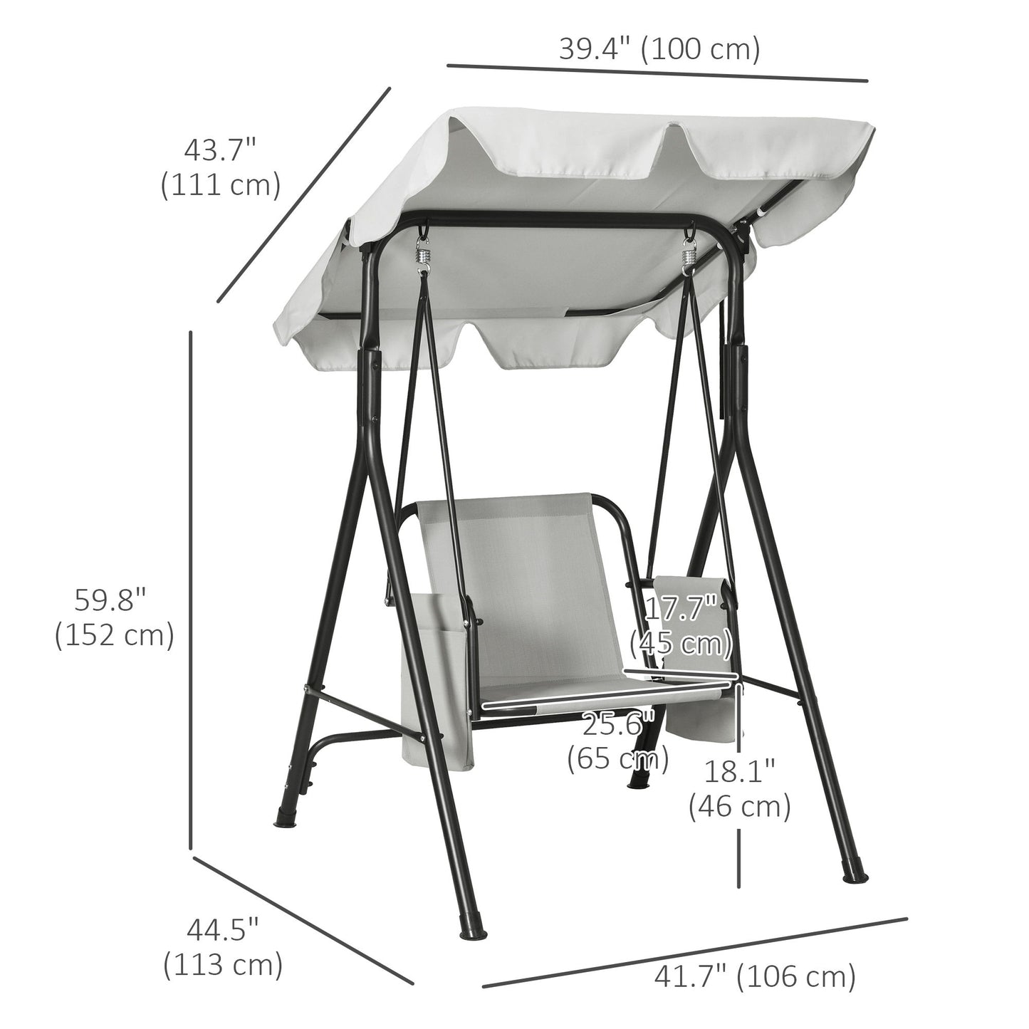 1-Seat Outdoor Porch Swing Patio Swing with Adjustable Canopy, Removable Seat and Back Cushion for Garden, Poolside