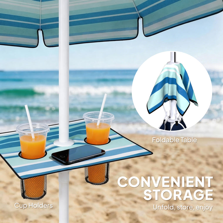 6' Dark Blue Portable Beach Umbrella with Foldable Table
