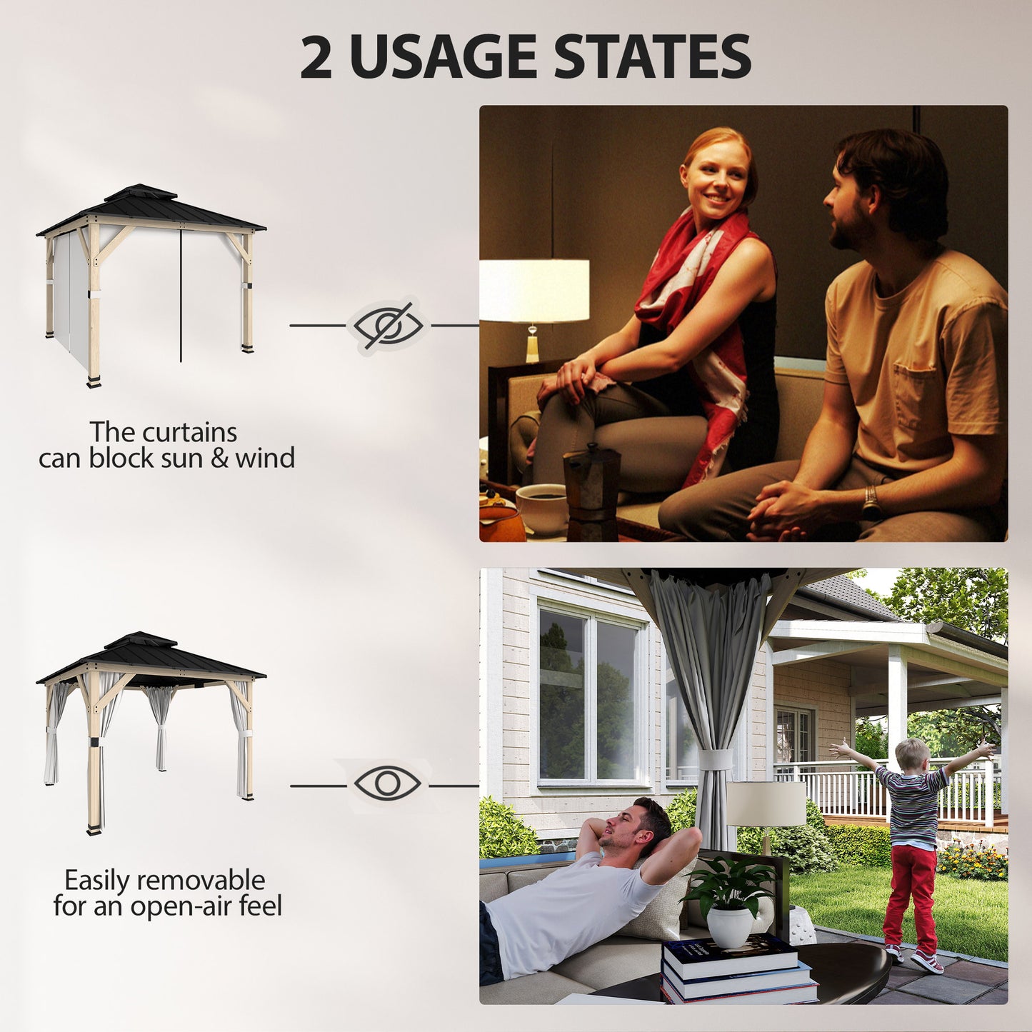 10 x 10 Hardtop Gazebo with Curtains, Wood Patio Gazebo with Double Steel Roof, Hook, Light Grey