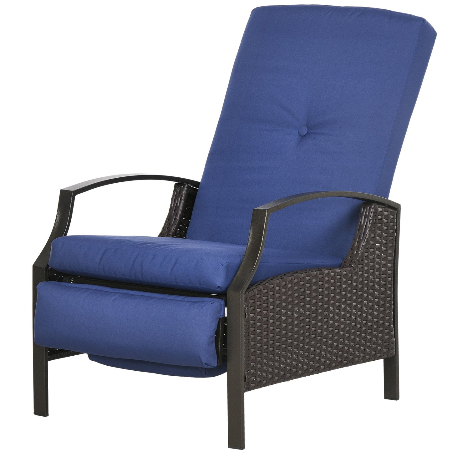 Outdoor Rattan Recliner Chair, Wicker Reclining Chair with Adjustable Back Retractable Footrest Cushion Dark Blue
