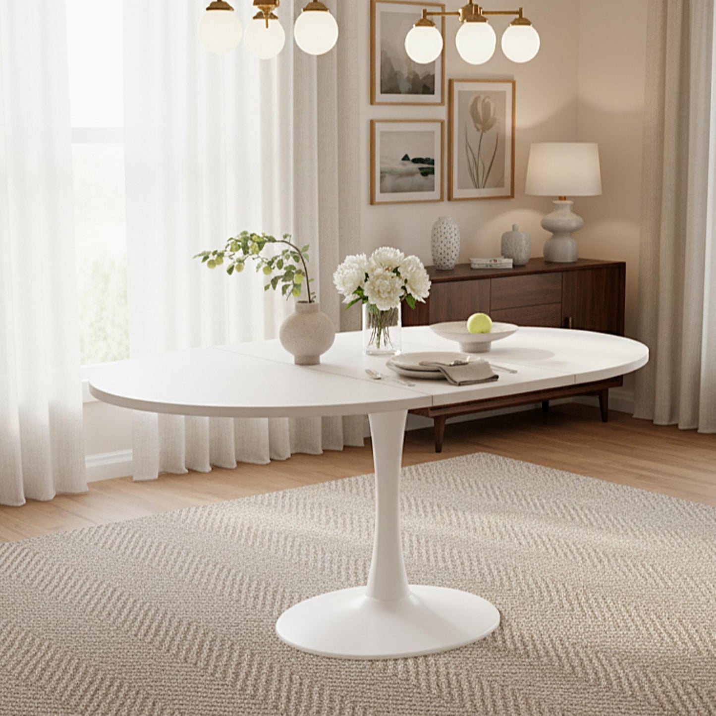Extendable Round Dining Table for Open-Plan Kitchens and Dining Areas, Modern Table for 4–6 People, 55'' L x 39.5'' W x 29.5'' H, White