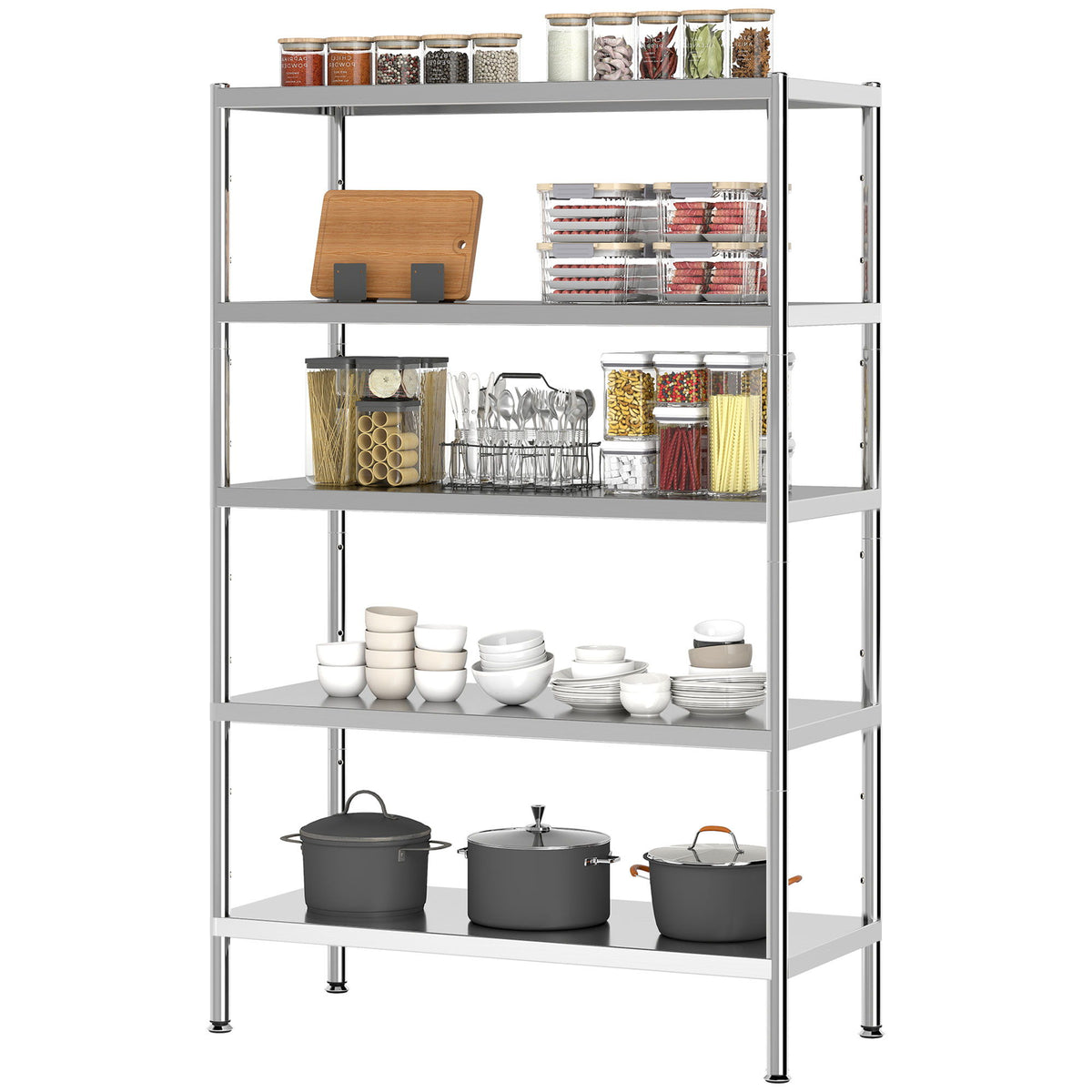 Bakers Rack, 5-Tier Stainless Steel Kitchen Storage Shelf with Adjustable Heights for Spices, Pots and Pans, Silver